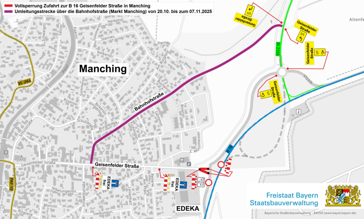 Zufahrt Geisenfelder Straße auf die B16 ab Montag, 20.10.2025 gesperrt.